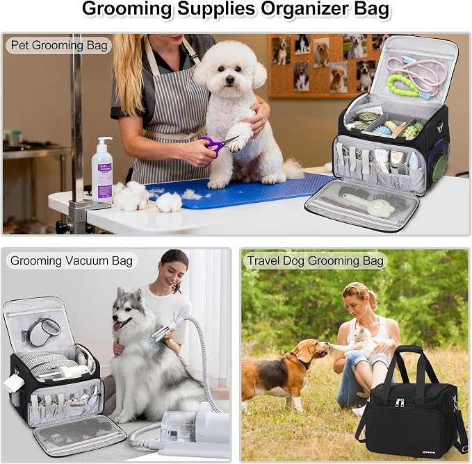 TANTO Dog Grooming Vacuum Bag, Extra Large Pet Tool Bag with Compartments | Professional Travel Animal Groomer's Tool kit Bags for Supplies - for Dogs, Cat & Pet Groomers( Black)