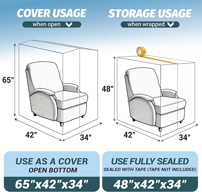 Clear Plastic Moving Chair Furniture Covers for Storage | Extra Large 65x 42 x 34 Inch, Waterproof and Dust Proof With Label For Storage and Moving