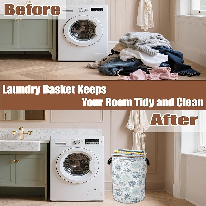 Winter Snowflake Laundry Basket,Laundry Hamper Waterproof Oxford Cloth Tote Bag,Clothes Storage Bucket Decorative Toy Organizer for Bathroom Bedroom 16" x 20.8"