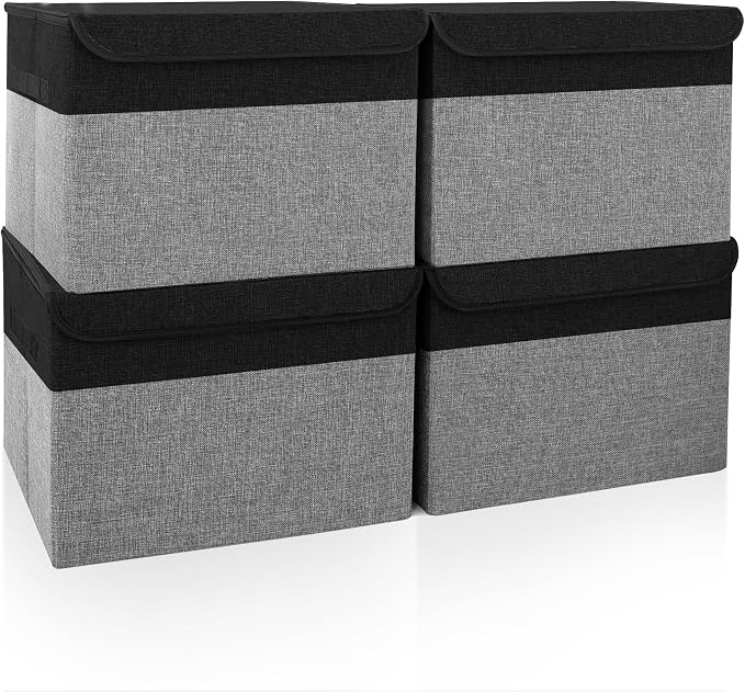 Large 22 Quart Linen Fabric Foldable Storage Bin Cube Organizer Basket with Flip-Top Lid & Handles, Clothes Blanket Box for Home, Office, Closet, Black & Gray, 4 Pack 14.6 x 9.5 x 9.5