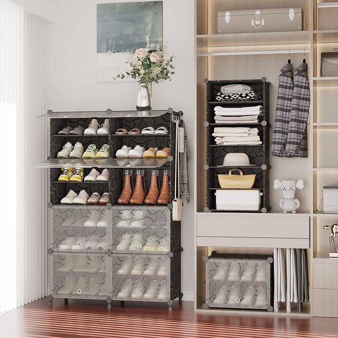 AWTATOS 8 Tiers Shoe Rack Organizer, 32 Pair Shoe Storage Cabinet, Black | DIY Stackbale Plastic Shoe Organizer Shelves for Closet Entryway Hallway Bedroom