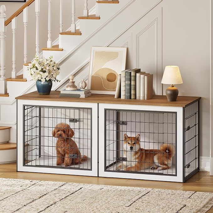 HOOBRO Dog Crate Furniture for 2 Dogs, 63" Large Double Dog Crate Furniture with Divider, Wooden Indoor Kennel TV Stand for Medium Large Dogs, White and Walnut WH55GW03
