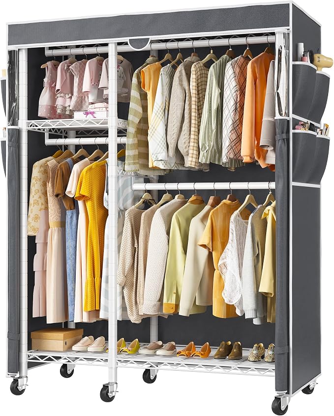 Raybee Clothes Rack with Cover, Rolling Portable Closet, 4 Hanging Zone | Heavy Duty, Tool-free Assembly, Adjustable Shelves, Lockable Wheels, Freestanding, Covered, Saving Space for Bedroom,Dorm