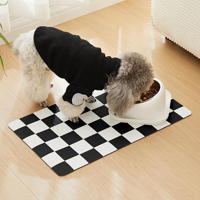 Ralxion Checkered Dog Feeding Mat, Absorbent Mats for Dog Food and Water Bowl, Dispenser, Feeder, Retro Aesthetic Black Checkerboard Pet Placemat for Dogs, Cats, Puppy Accessories, 16" X 24”