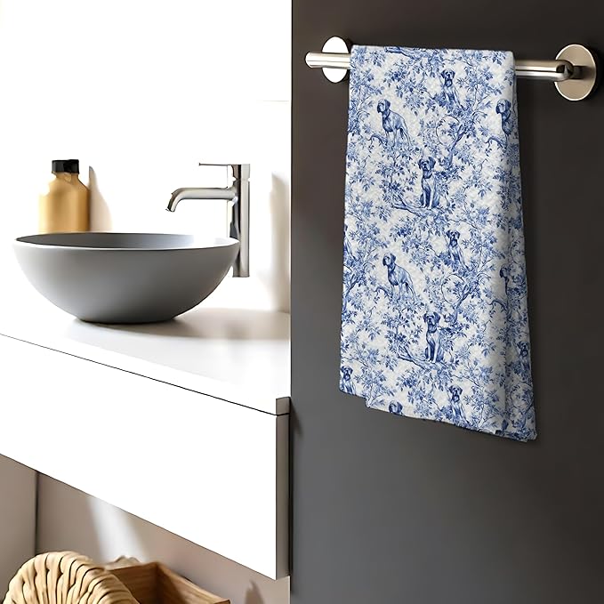 Chinoiserie Boxer Dog Decor Kitchen Towels, Blue and White Botanical Grandmillennial Boxer Dog Gifts Decorative for Kitchen Bathroom Decor, 16x24 Inch
