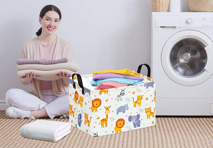 Baby Storage Basket Nursery Box Laundry Hamper Organization Bins for Toys and Clothes with Handles (Animals)