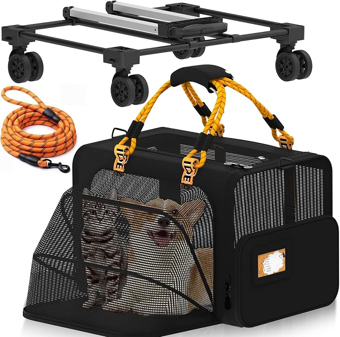 PAWZIDEA Expandable Large Pet Carrier with Wheels, 24x16x16 in Rolling Cat Carrier for 2–4 Cats up 55lb, Soft-Sided Collapsible Small Medium Dog Crate for Car Travel, Telescopic Handle, Storage Pocket