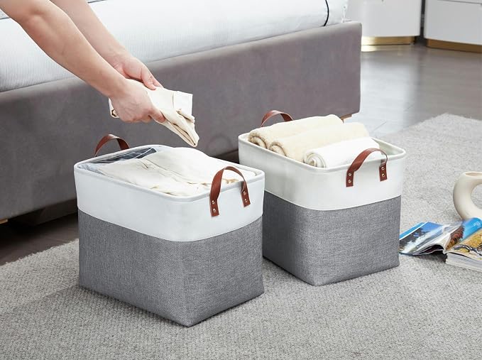 DECOMOMO Fabric Storage Bins, Extra Large Storage Baskets with Handles | 3 Pack Storage Baskets for Shelves, Laundry, Toys, Nursery (Slate Grey & White)
