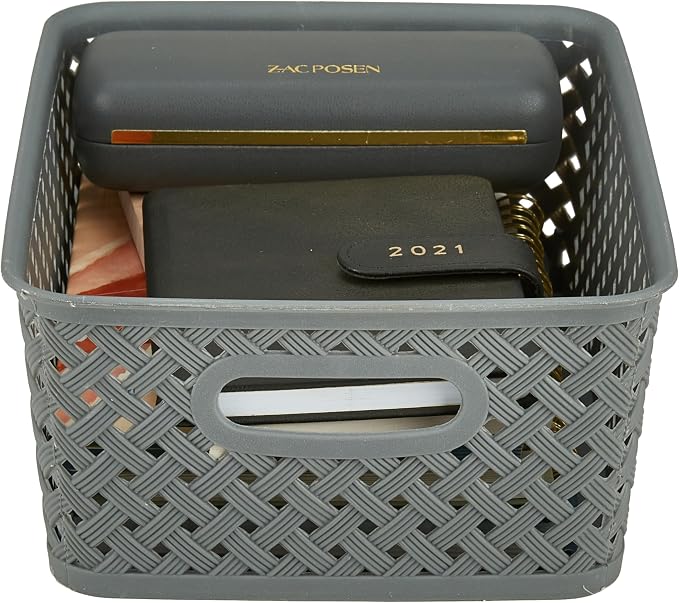 Simplify Small Resin Wicker Tote | Storage Bin | Plastic Organizer | Carrying Handles | Bathroom | Pantry | Accessories | Cleaning Products | Grey