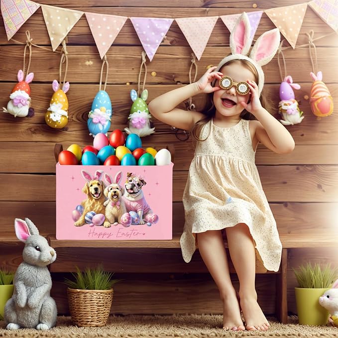 Kid Rectangular Empty Easter Basket for Girl Boy Bunny Eggs Easter Basket Gift Baby Room Decor Storage Organizer (Dog Pink)