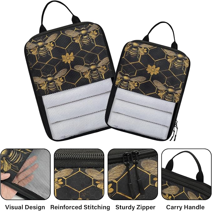 TropicalLife Vintage Bee Honeycomb 6 Set Compression Packing Cubes | Golden Flower Travel Accessories Expandable Packing Organizers Space Saver Bags for Organizing Clothes