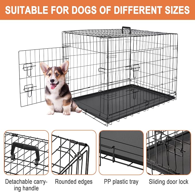 Pet Republic Dog Crates for Large Dogs Folding Metal Wire Dog Gage Double Door 30/36/42Inches Dog Kennel Indoor Outdoor Pet Grates