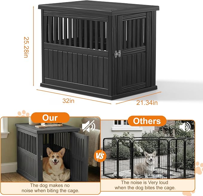 EFU 32 Inch Small Dog Crate Furniture, Indoor Dog Kennel, Puppy Pet House | Resin Pet House End Side Table, Waterproof Puppy Crates Cage for Medium Small Dogs to 45 lb, Black
