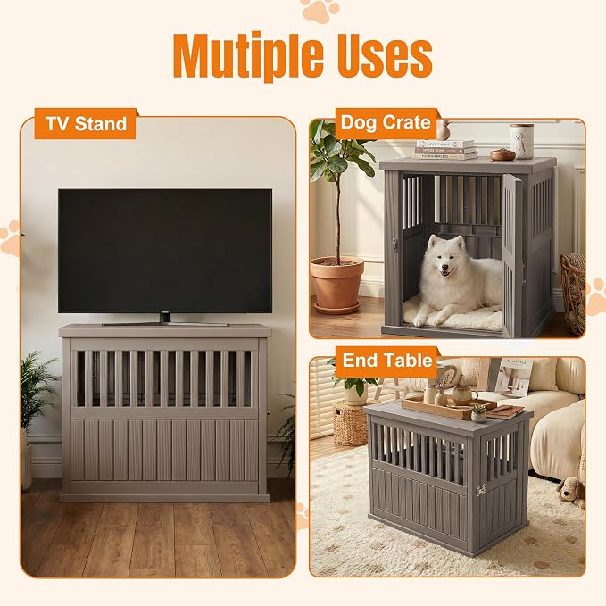 EFU 40 Inch Large Dog Crate Furniture, Indoor Dog Kennel, Puppy Pet House | Resin Pet House End Side Table, Waterproof Puppy Crates Cage for Large Medium Dogs to 70 lb, Grey