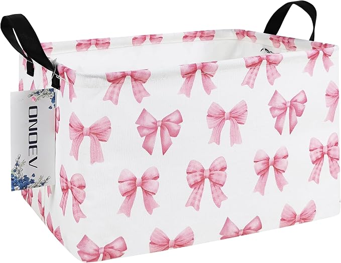 Rectangular Pink Bow Storage Bin,Closet Organizer Basket | Waterproof foldable bin with reinforced handles. Store garments, cosmetics & daily items, sweet gift for teen girls.