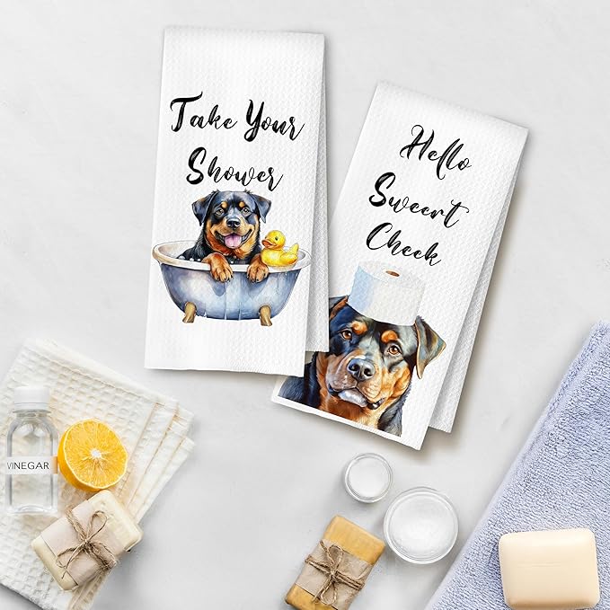 Funny Rottweiler Hand Towels for Bathroom Washroom, Dog Bathroom Decor, Rottweiler Gifts for Women Men, Humorous Dog Hand Towels, 16x24 Inch Set of 4