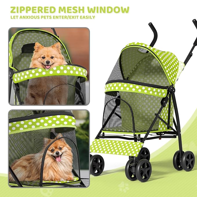 Magshion Compact Fold Pet Travel Stroller for Small Dogs Cats, Lawn Green | Up to 22lbs, 4-Wheel Lightweight Umbrella Shaped Design, Safety Tethers, Breathable Mesh, Cup Holder & Rear Storage