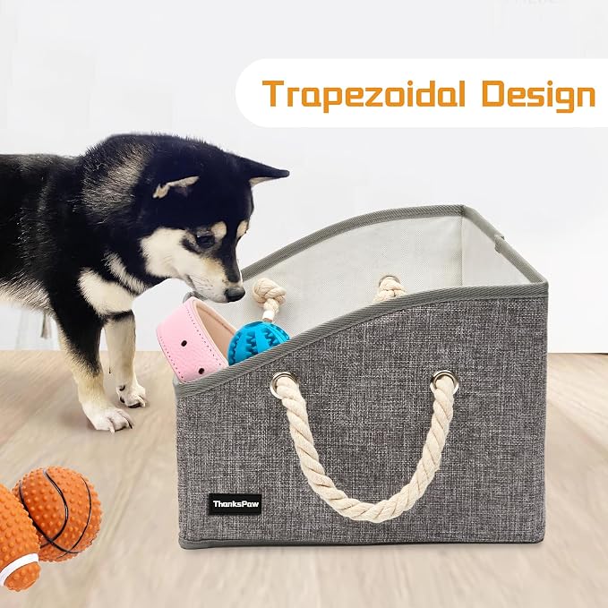 Dog Toy Basket, Storage Bin, Collapsible Box for Pet Accessories | Fabric Container With Handle, Trapezoid Holder for Small Medium dogs, Organizer for Living Room, Gray