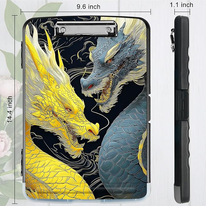 A4 Clipboard with Storage Pen Holder, Clipboards Organizer Nursing Clipboard Foldable File Folder Plastic Clipboard Folio Clip Board for Office Work Classroom Doctor, Gray-Yellow Dragon