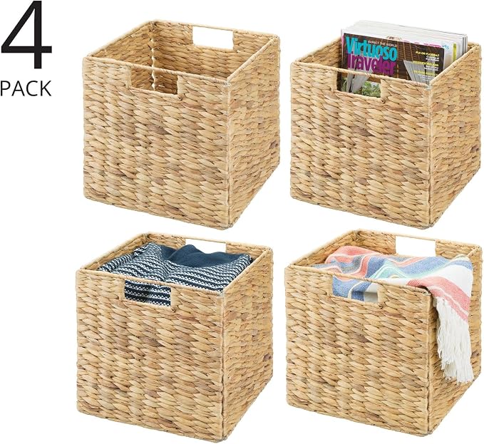 mDesign Natural Woven Hyacinth Cube Organizer Basket with Handles, Storage for Bathroom, Laundry Room Shelf or Nursery - Perfect for Cubby Storage Units - Hold Blankets and Books - 4 Pack, Natural/Tan