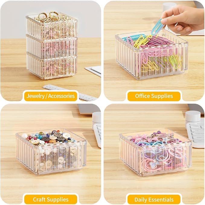 4Pcs Clear Drawer Organiser Tray Set Vanity Drawer Dividers Dresser Drawers Storage Bin for Makeup Tool Kitchen Utensil Stackable Desktop Planner