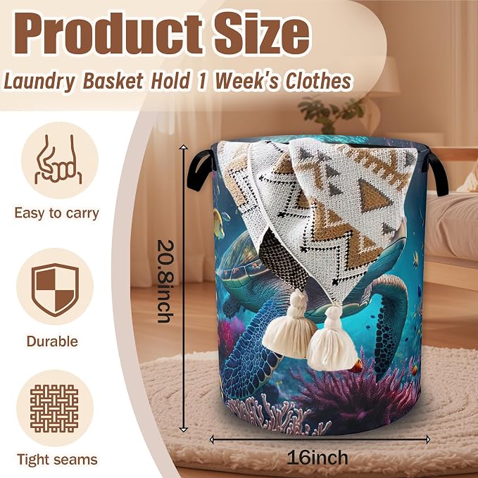 Sea Turtle Ocean Laundry Basket,Laundry Hamper Waterproof Oxford Cloth Tote Bag,Clothes Storage Bucket Decorative Toy Organizer for Bathroom Bedroom 16" x 20.8"