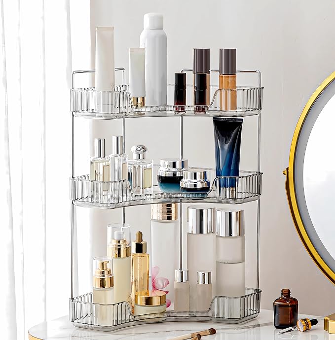 3 Tier Corner Bathroom Counter Organizer Countertop Shelf Makeup Organizer for Vanity Perfume Tray for Corner Storage (Grey)