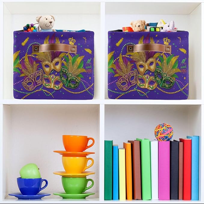 Mardi Gras Purple Storage Basket with Waterproof Liner and PU Handles Masquerade Mask Fleur de Lis Storage Bins Boxes 14.2" Collapsible Decorative Organizer Baskets for Bedroom Closet Office 1 Pack