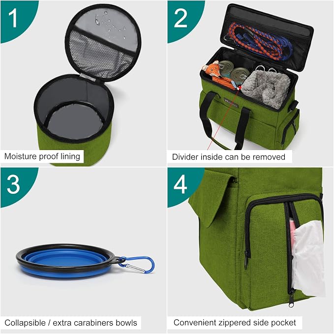 Modoker Weekend Dog Travel Bag Set with 2 Food Bags, 2 Bowls and Mat,Green | Dog Travel Accessories Organizer for Camping and Road Trips with Roomy Storage, Multiple Pockets and Water-Resistant Oxford
