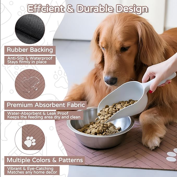 Pet Feeding Mat-Absorbent Dog Feeding Mat for Food and Water Bowl,No Stains Pet Placemat,Quick Drying Water Dispenser Mat for Dog and Cat,Easy to Clean Dog Accessories(L,Dark Brown White Paw)