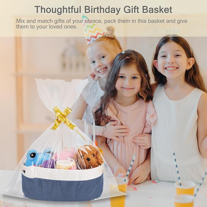 Small Woven Gift Basket with Bag & Ribbons, Folkstone Gray | Cotton Rope, 13”x 9”x 5.5”, Fits for Kids, Women & Men, Bedroom, Living Room, Nursery & Bathroom Storage, Cat & Dog Toy Boxes