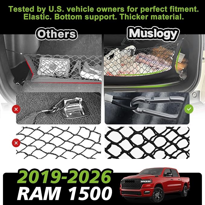 Muslogy Cargo Net for Dodge Ram 1500 2019-2025 2026 Accessories | Custom Fit, Truck Bed Storage Organizer Net for Pickup Truck Bed Divider, Heavy Duty Carabiners, Night Visible Grab Handle