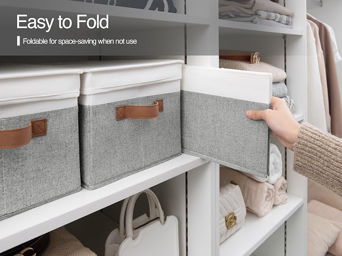 StorageWorks Fabric Storage Bins with Lids, Closet Storage Bins | Lidded Dust-proof, Easy Pull Handles, Foldable, Stackable, Ideal for Clothes Blanket Towel, Jumbo, Gray and White, 3-Pack