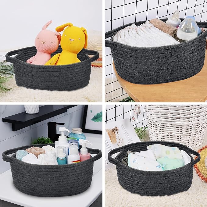 ABenkle Small Basket with Handles, Boho Decorative Rope Woven Dog Cat Toy Storage Bin Shelf Storage Organizer, Easter Christmas Gift Basket, 12"x8"x5", Black