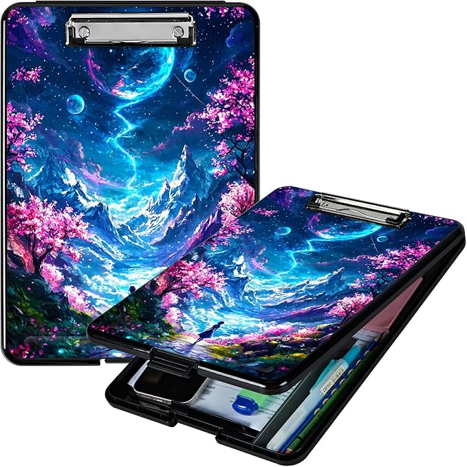 Moon Pink Tree A4 Clipboard with Storage Pen Holder, Clipboards Organizer Nursing Clipboard Foldable File Folder Plastic Clipboard Folio Clip Board for Office Students Classroom Doctor