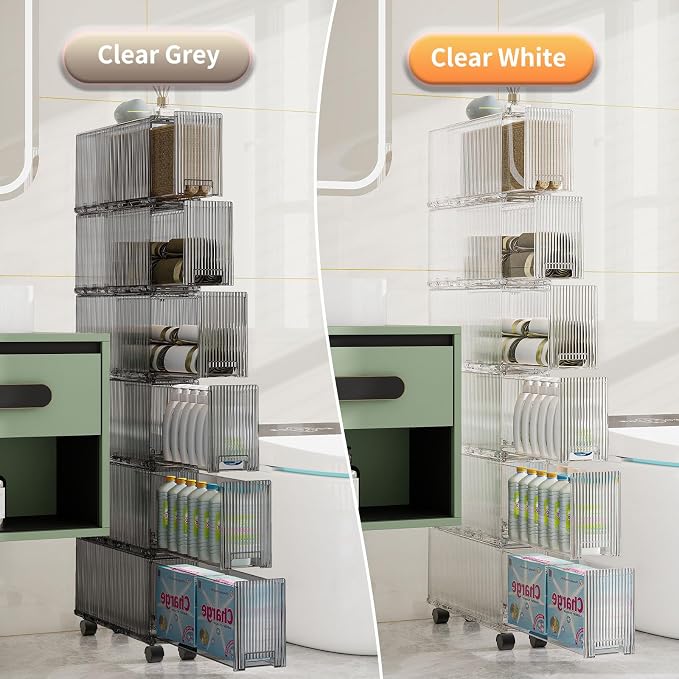 KHNR Slim 6 Tier Bathroom Storage Cabinet with Wheels, Narrow Gap Organizer Shelf, Tower for Shampoo, Towels, Toilet Paper Toiletries, Perfect for Bathroom Corner or Beside Toilet, Clear Grey
