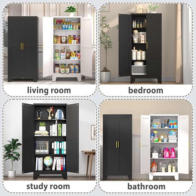 GAIOUS 61.02" Kitchen Pantry Cabinet, Black Metal Pantry Storage Cabinet | with 2 Doors and Adjustable Shelves, Food Storage for Kitchen, Living Room, Bedroom, Dining Room Sideboard Cupboard