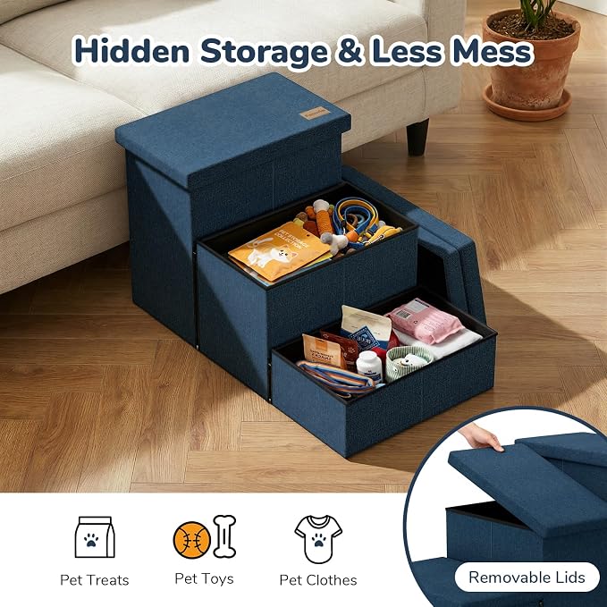 3-Step Wide Dog Stairs with Hidden Storage 18" H, Non-Slip Dog Steps for High Bed Couch Window Car, Jiont-Friendly Pet Stairs Ramp for Small/Medium/Large Old Dogs Cats Up to 220lbs, Navy