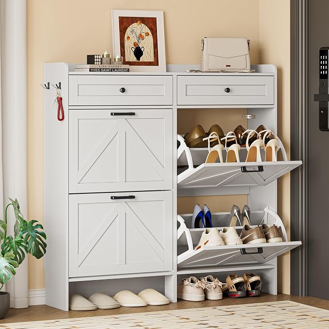 BORNOON Shoe Storage Cabinet for Entryway, Farmhouse Wide Shoe Cabinet with 4 Flip Drawers and 2 Top Drawers, Freestanding Organizer with Adjustable Shelves, Hooks, and Anti-Tip Kit for Hallway
