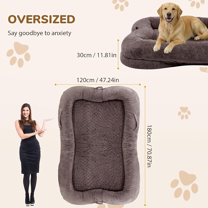 Human Dog Bed 71 x 47 x 12 in, Brown | Memory Foam Dog Bed for Humans & Large Pets, Removable & Washable, with Storage Pocket