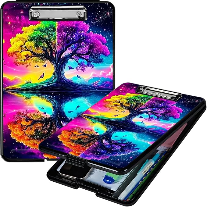 Heavy Duty Storage Clipboard, Slim Nursing Clipboard with Internal Pen Case, Portable File Organizer Case for A4 Letter Size Paper Office Medical Professionals, Purple Green Tree