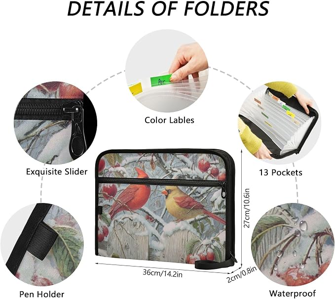 Cardinals Among Snow-Covered Apples Expanding File Folder with Sticky Labels, 13 Pockets Accordion File Folder Document Organizer Expandable Zip File Folder with Zipper Closure