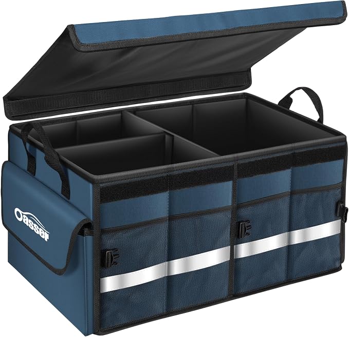 Oasser Car Trunk Organizer Collapsible Multi Compartments Trunk Organizer for SUV with Foldable Cover Reflective Strip | 4 Mesh Pockets, 600D, Non-Slip Bottom, Reflective Strip, 35kg Load, for SUV Saloon Estate Daily Storage, Shop & Family Trip