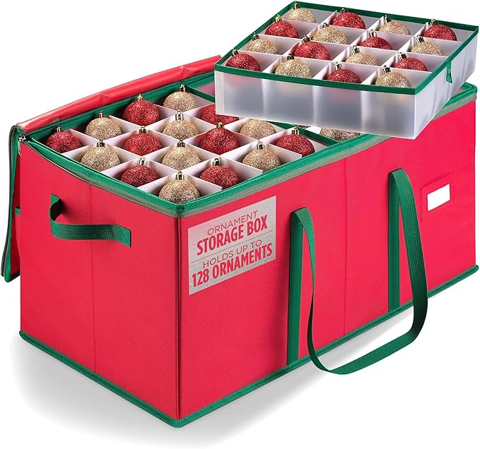 Christmas Ornament Storage - Stores up to 128 Holiday Ornaments, Adjustable Dividers, Zippered Top, Two Handles - Attractive Storage Box Keeps Holiday Decorations Clean and Dry for Next Season (Red)