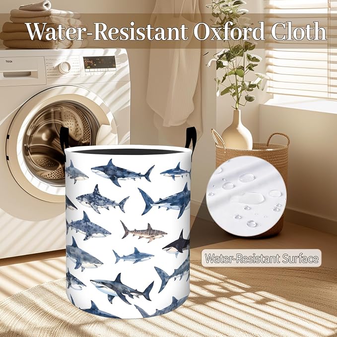 Shark Laundry Basket, Ocean Animal Print Foldable Oxford Cloth, Waterproof Dirty Clothes Hamper with Handles, Clothing Storage Bin Toy Organizer for Bedroom Dorm Bathroom, 19.7"x15.7"