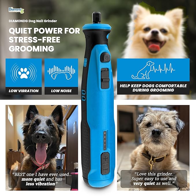 Diamondg Cordless Dog Nail Grinder with Quiet Sound & LED Tip for Large & Small Dogs, 4hrs. Runtime - Electric Dog Nail Trimmer, Heavy Duty Rotary Tool Alternative to Toenail Clippers & Filers