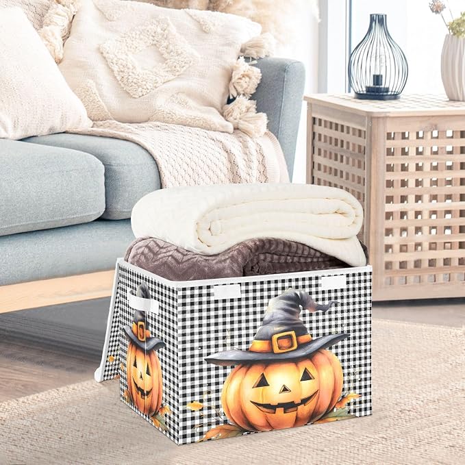Halloween Pumpkin Fabric Storage Bins with Lid Closet Storage Basket 40L | Decorative Storage Boxes, Foldable & Stackable, Dust-Proof Flip Top, Reinforced Handles, For Home & Dorm, Clothes & Toy Box