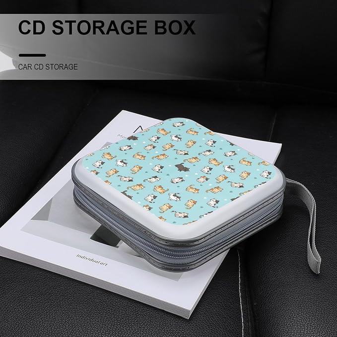 DVD Storage for 40 Movies, Cute Cat Blue Hard Plastic CD DVD Disc Cases | Disc Holder Organizer Binder, Cute Cat Blue, Portable for Travel Home Office