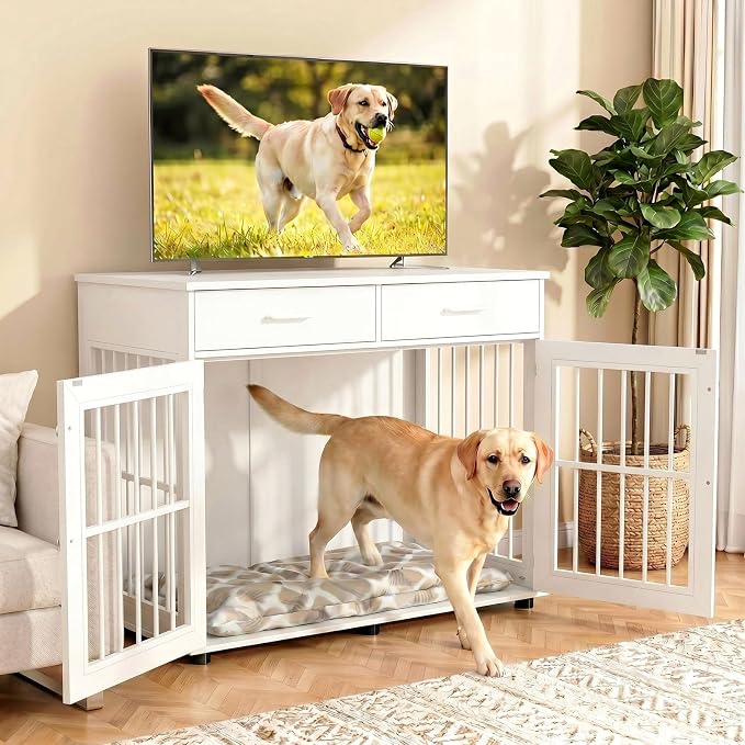 VOWNER 43.3" Large Dog Crate Furniture with 2 Drawers, White | Wooden Dog Kennel Furniture End Table with 3 Doors, XL Dog Kennel Indoor with Storage, Dog Cage TV Stand for Large Medium Dog