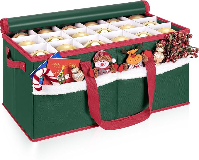 Christmas Ornament Storage Box with Adjustable Dividers Zippered Top Stores up to 54 Holiday Ornaments (4 Inch) Xmas Ball Decorations Organizer Storage Container Bin